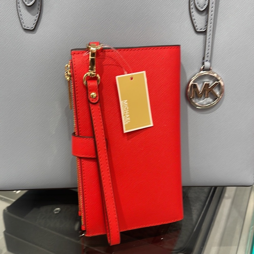 Michael Kors Jet Set Travel Large Double Zip Leather Wristlet phone holder NWT - Picture 4 of 16